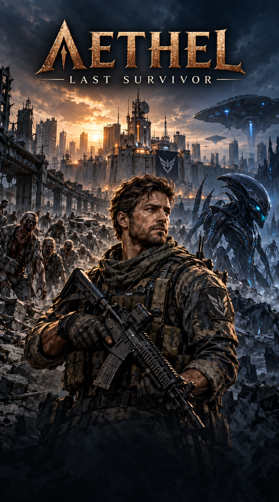 Aethel: Last Survivor — an armed human survivor in front of a ruined city, zombies and an alien.